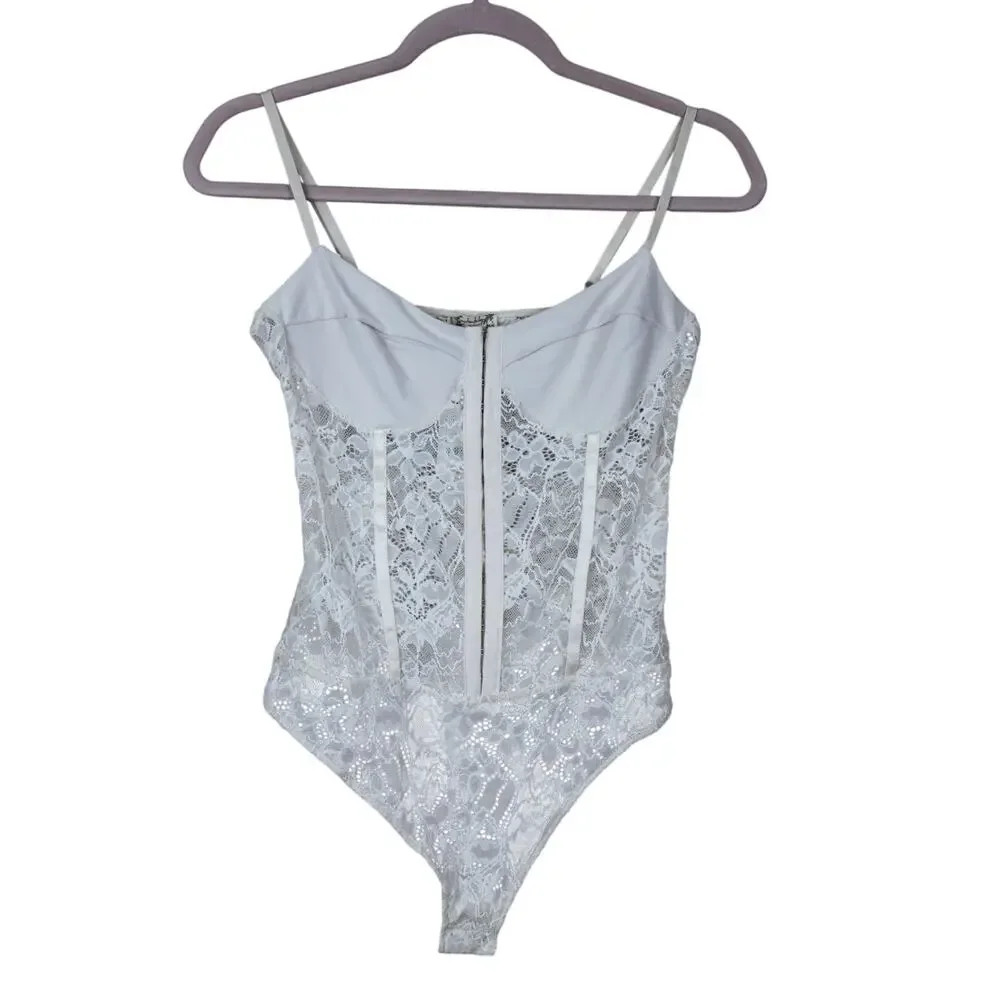 NWT Free People X Intimately Ivory Lace Night Rhythm Mesh Corset Bodysuit Size M
